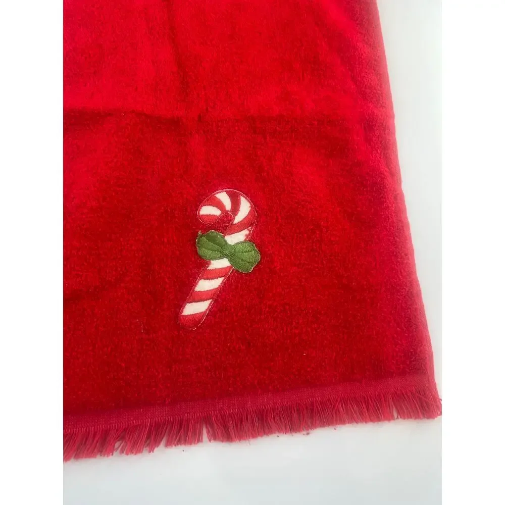 Vintage Cannon Christmas Hand Towels Red Candy Cane Holiday Tree Retro Bathroom